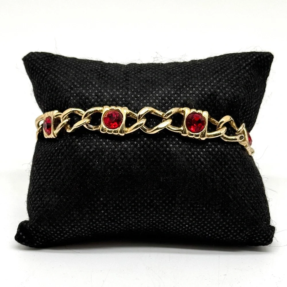 Vintage Goldtone Link Bracelet with Red Rhinestones